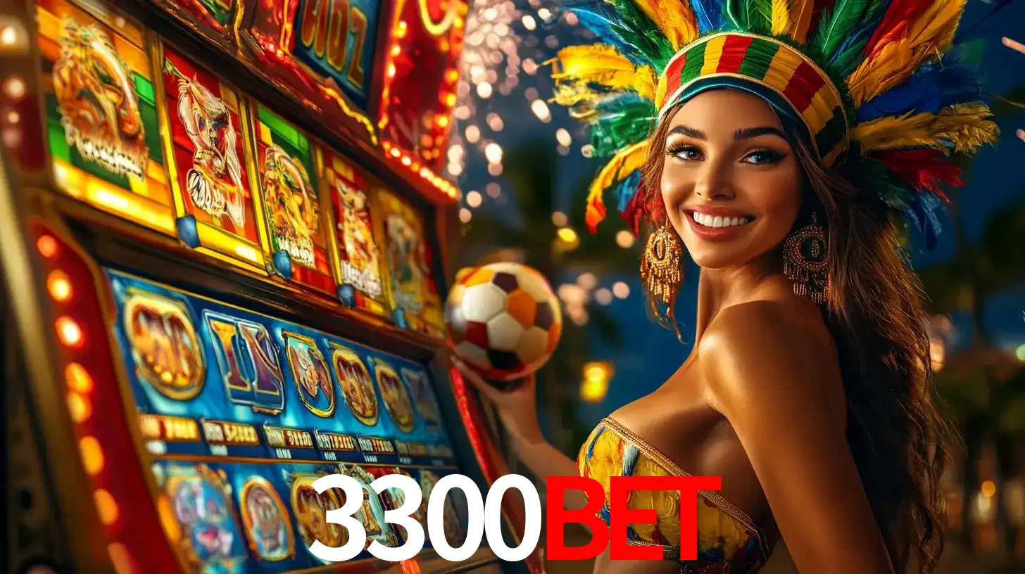 Mulher com um cocar de carnaval ao lado de uma máquina de caça-níqueis enquanto segura uma bola de futebol, mostrando a união da diversão de cassino e esportes no 3300bet.