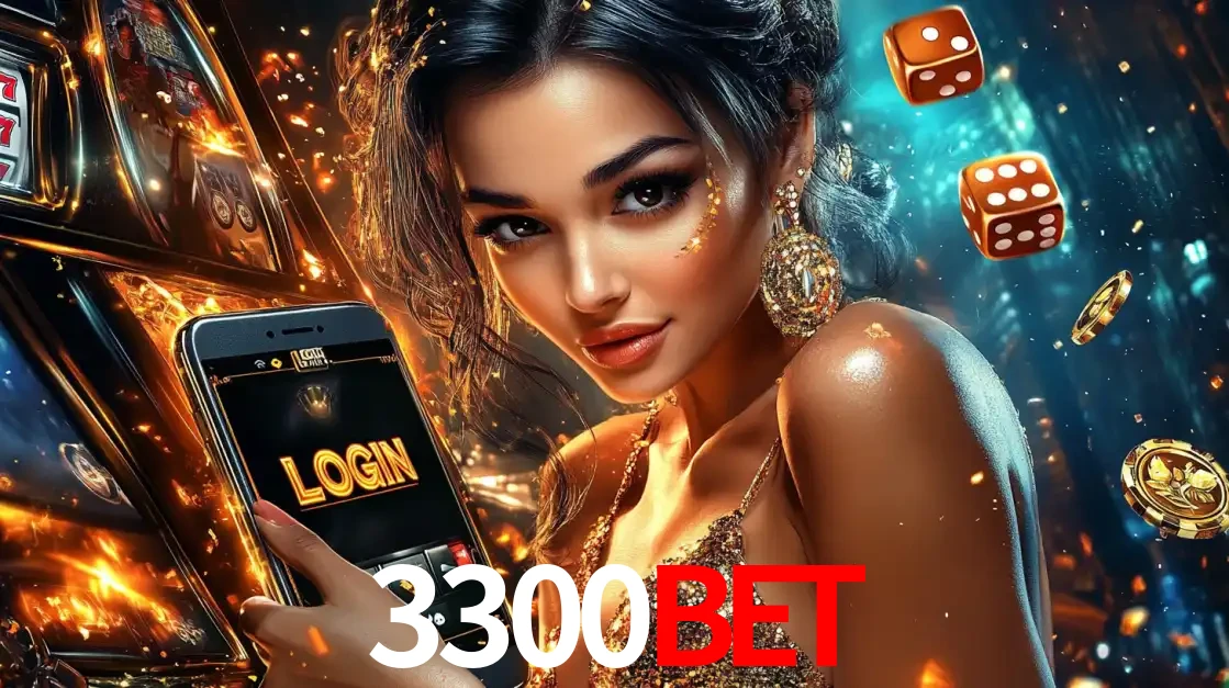 Mulher glamourosa segurando um celular com a tela de login do cassino 3300bet, rodeada por dados e moedas douradas, pronta para começar a diversão.