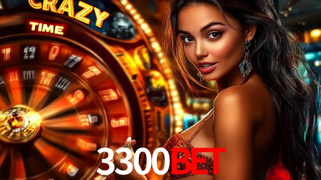 Mulher ao lado da roda de prêmios do jogo de cassino ao vivo Crazy Time, um dos shows de jogos mais emocionantes oferecidos pela plataforma de apostas 3300bet.
