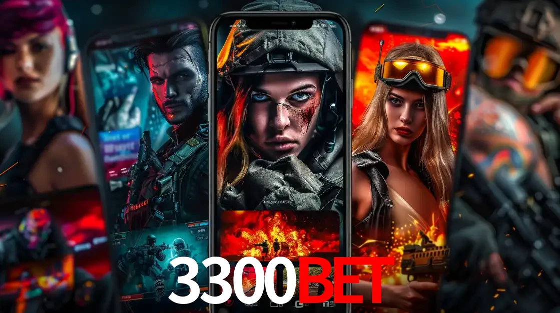 Montagem de telas de celular mostrando diversos personagens, masculinos e femininos, de um jogo de tiro, ilustrando a diversidade de equipes de e-sports para apostar no 3300bet.