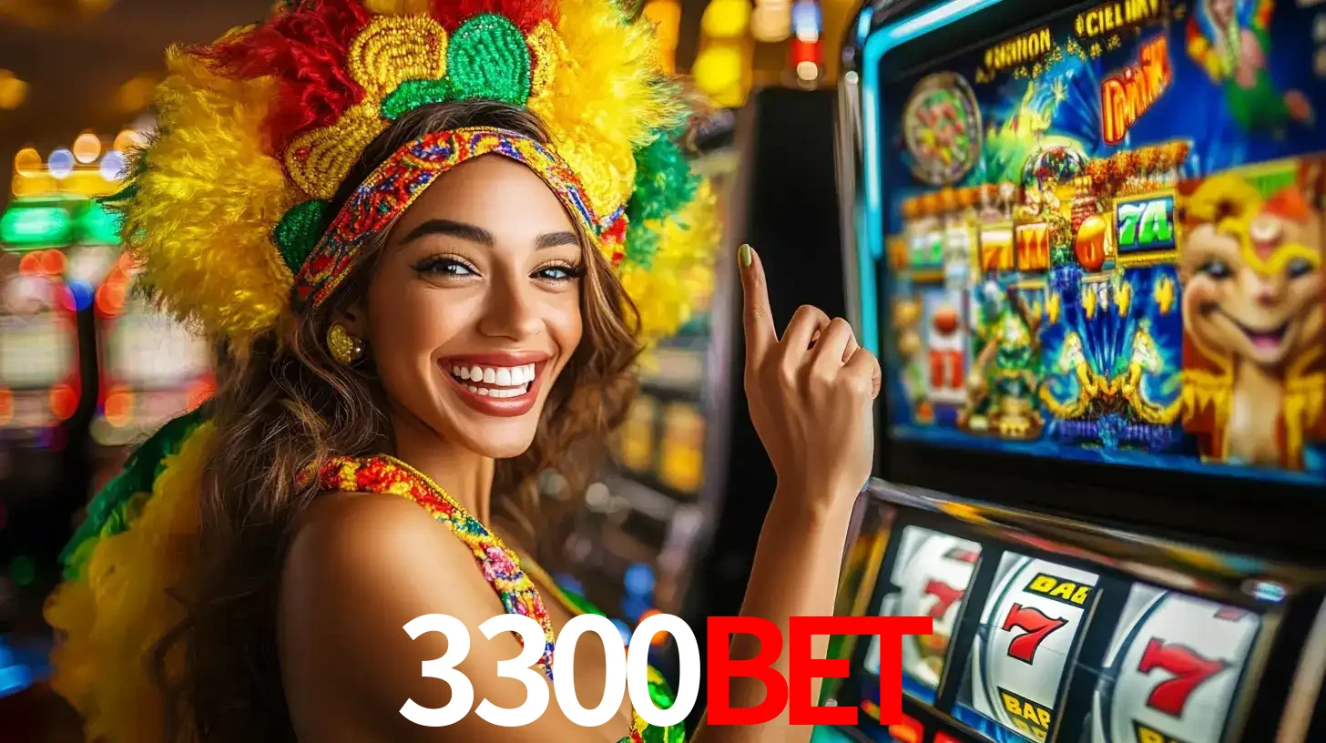 Mulher animada com um cocar de carnaval apontando para uma máquina de caça-níqueis, mostrando a emoção de ganhar um grande prêmio nos jogos do 3300bet.