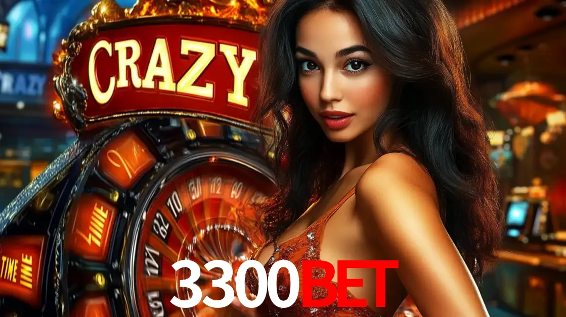 Mulher glamourosa olhando para a câmera com a roda vermelha do Crazy Time ao fundo em um ambiente de cassino, destacando a emoção dos jogos ao vivo no 3300bet.