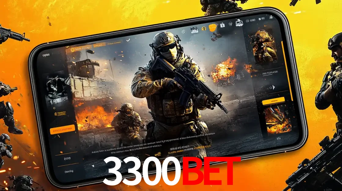 Um smartphone exibindo a interface de um jogo de tiro em primeira pessoa, com um soldado em um cenário de batalha, representando a ação dos e-sports para apostar no 3300bet.