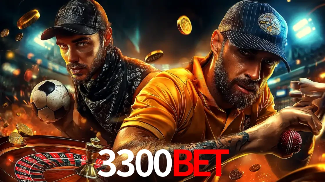 Montagem de apostas esportivas e cassino no 3300bet, com um homem segurando uma bola de futebol e outro uma de beisebol sobre uma roleta e moedas voadoras.