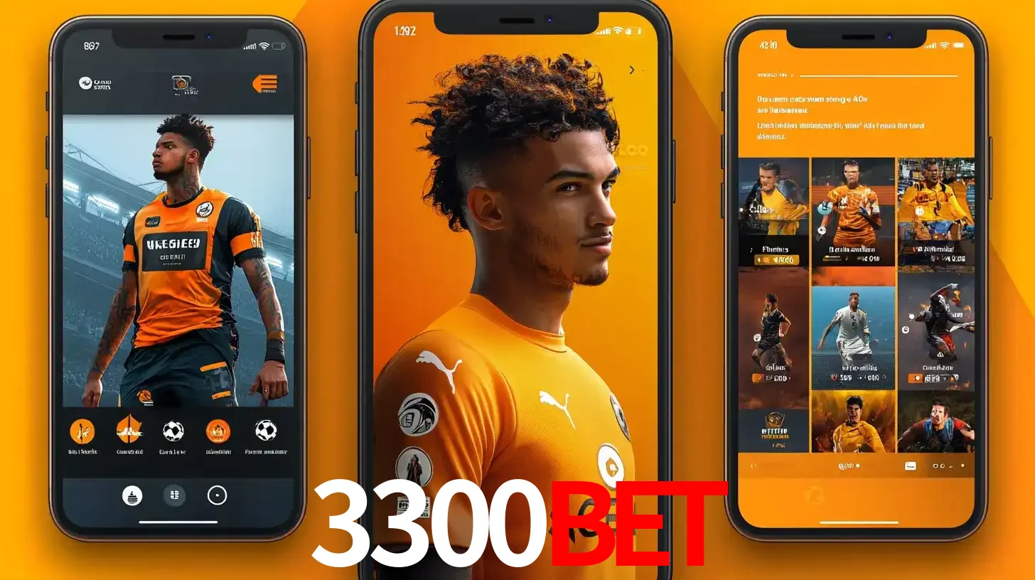 Interface do aplicativo de apostas esportivas 3300bet em três telas de celular, mostrando o perfil de um jogador de futebol e a lista de jogos disponíveis para apostar.