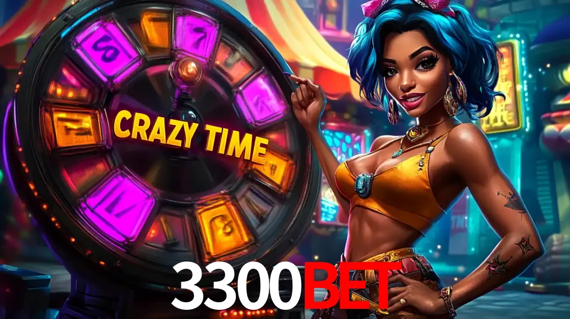 Mulher estilizada com cabelo azul e visual vibrante posando ao lado da roda de prêmios do game show Crazy Time, convidando para a diversão e os bônus do cassino 3300bet.