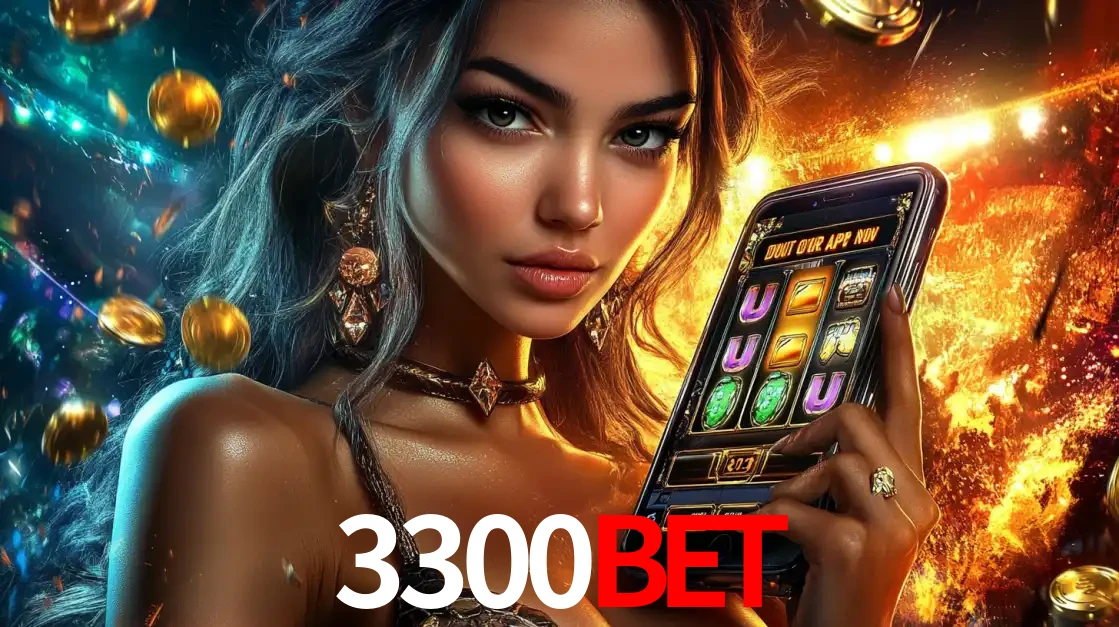Mulher elegante mostrando um jogo de caça-níqueis em seu smartphone, destacando a experiência de cassino móvel oferecida pelo aplicativo 3300bet.