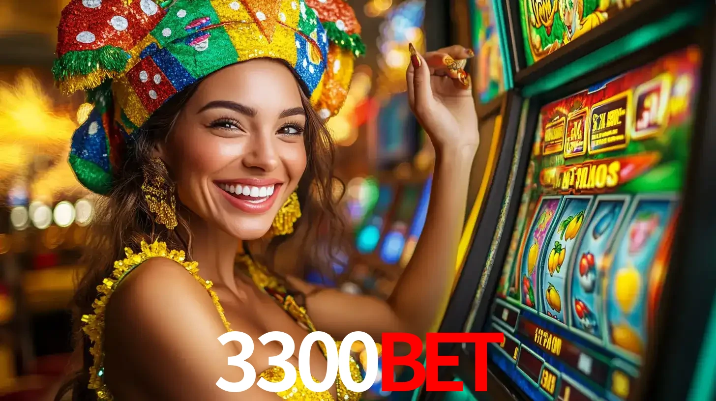 Mulher feliz com traje de carnaval amarelo e colorido ao lado de uma máquina de caça-níqueis, aproveitando a diversão e os jogos temáticos do cassino 3300bet.